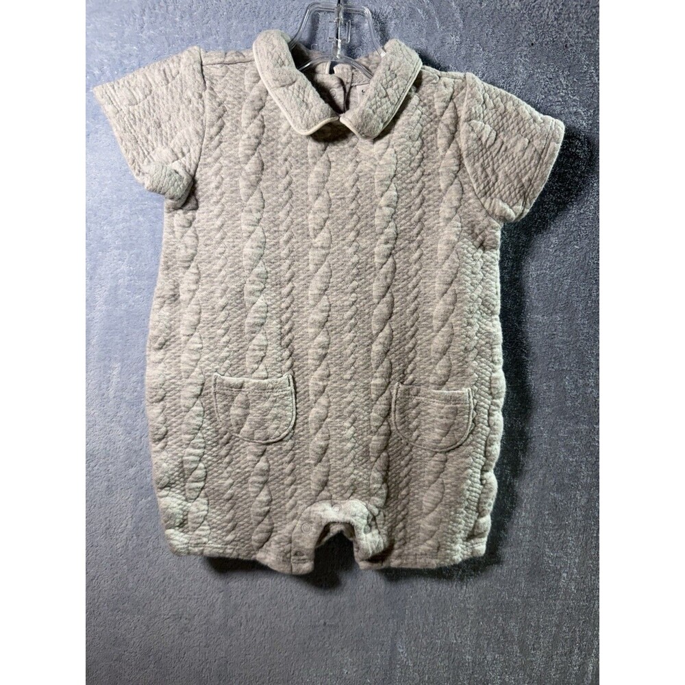 Janie and Jack Infant Quilted Cable Knit Collared Grey One Piece Romper Sz 6-12M